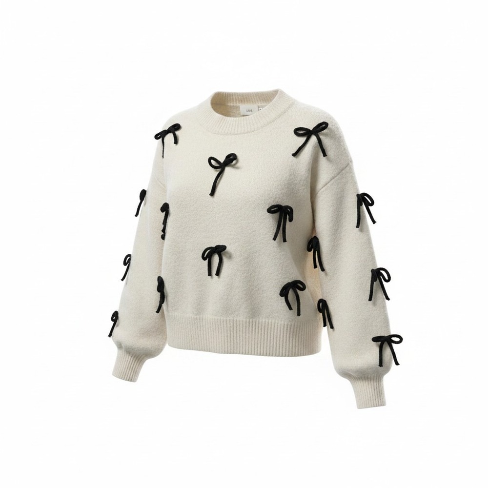 Sweater Luna Ivy XS Womens Cream Good Bow Accent Coquette Knit‎ Pullover